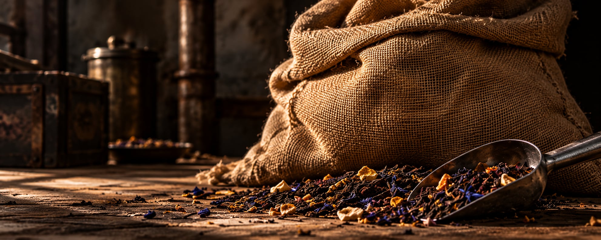 A hessian sack of loose-leaf tea with cornflower and citrus spilling from a steel scoop